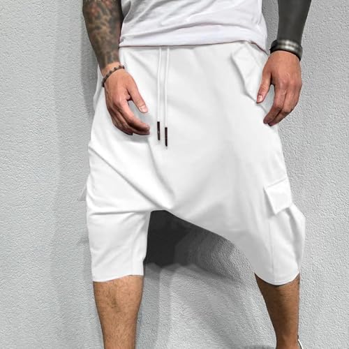 Maiyifu-GJ Men's Baggy Low Crotch 3/4 Joggers Hippie Harem Jogger Capri Pants Multi Pockets Drop Crotch Yoga Sweatpants3