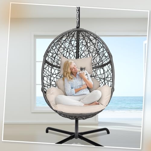 BULEXYARD Oversized Swing Egg Chair with Stand Indoor Outdoor PE Wicker Rattan Patio Basket Large Hanging Chair with Waterproof Cushions for Bedroom Balcony Patio (Beige) - Thumbnail 7
