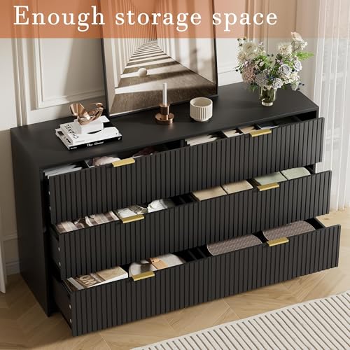 Image of Furniway 3 Piece Bedroom Set, 6 Drawer Dresser and Nightstand Set of 2 with Gold Handles, Modern Wood Chest of Drawers Storage Cabinet for Bedroom, Black