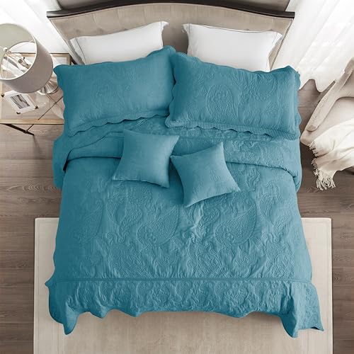Image of HZ & HY Oversized King Bedspread 128x120 Extra Wide, Stitched Paisley Quilt Set King /Cal King, Lightweight Reversible Coverlet, Scalloped Edge - Fresh Blue Classic Look, 5 Piece, Blue