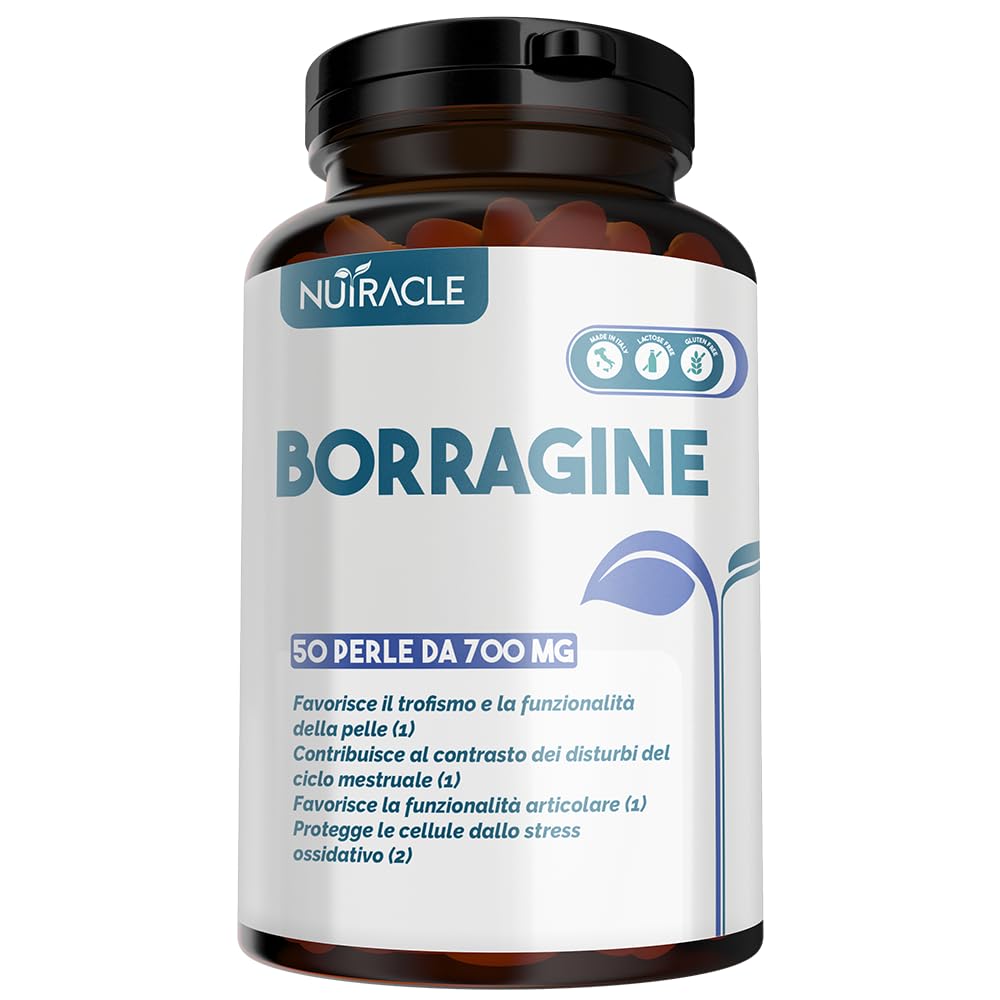 Nutracle Borragine perle da 700 mg Integratore per pelle e capelli - Olio di Borragine ricco di Acido Gamma Linoleico (GLA 20% Omega 6) Disturbi ciclo mestruale, acne (50 perle (confezione da 1))