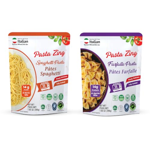 Pasta Zing Variety Pack, 7 Pack (200g Each) – 4 Spaghetti &amp; 3 Farfalle Pasta Packs – Fully Cooked Pasta Ready in 1 Minute – Italian Durum Wheat – Shelf Stable Meal Base