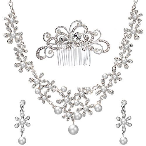 ANBALA Bridal Wedding Hair Comb, Crystal Rhinestones Pearls Women Wedding Hair Comb with 1 Set Wedding Necklace Earrings Decoration Headpiece Jewelry Set for Brides, Style 2