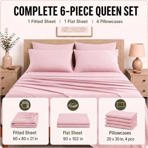 Image of CozyLux 6-Piece Queen Sheet Set, Fits 18-21 Inch Mattresses, Oeko-TEX | 4 Pillowcases, 1 Flat Sheet and 1 Fitted Sheet with All-Around Elastic and 21-Inch Deep Pocket for a Secure Fit, Pink