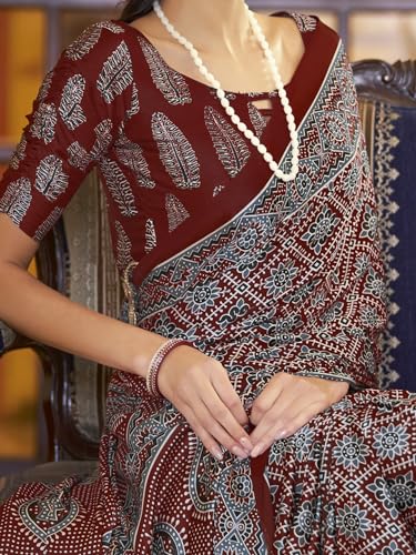 Image of SAREE MALL Women's Ajrkh Print Satin Crepe Polka Dot Printed Saree With Unstitched Blouse Piece