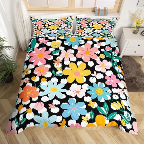 Homewish Housse de Couette Printemps Boho Floral,Parure de Lit 200x200 Enfant Fleurs de Pays Vintage Noir,Sets de Housses de Couettes Teenage Garçons Kawaii...