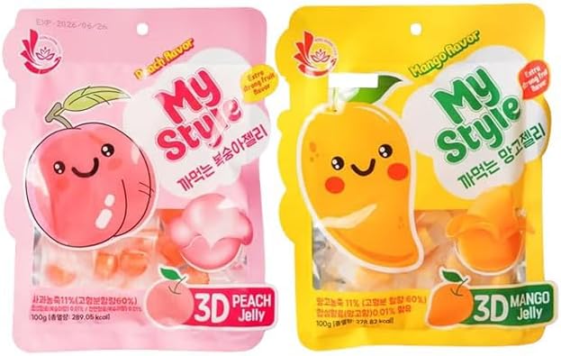 Fruit Peelable Candy - (1+1) 4D peelable Gummies Peach + Mango 100g 3.5oz (Total 200g, 7oz) Jelly Filled Gummies, Gluten Free Individually Wrapped Korean Snacks 과일맛 리치 젤리