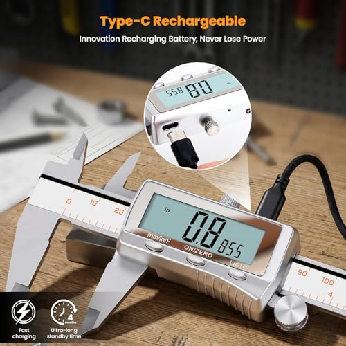 Image of HARDELL Digital Caliper 8 Inch, Rechargeable All Metal Electronic Micrometer with Large Backlit LCD, Inch /mm /Fraction Conversion, Auto-Off - Measuring Tool for DIY, 3D Printing, Workshop & Household
