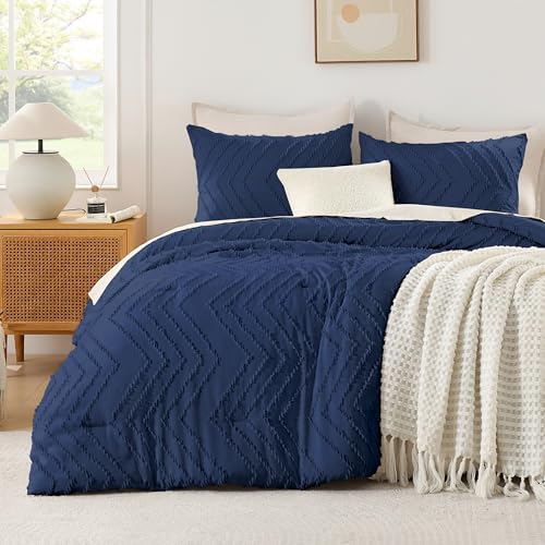 Image of Andency Navy Blue Comforter Set King Size, Boho Soft Warm Tufted Bedding Comforter Sets for King Size Bed, 3 Pieces Aesthetic Chevron Farmhouse Cute Bohemian Textured Bedding Set