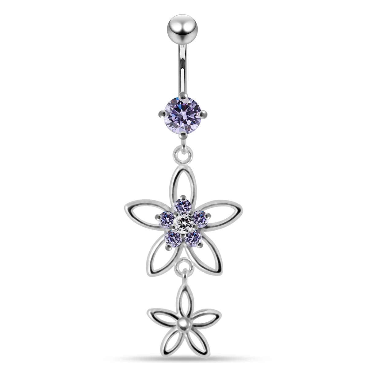 Silver Belly Rings CZ Gemstone Stylish Round with 2 Flower Dangling 925 Sterling Body Jewelry