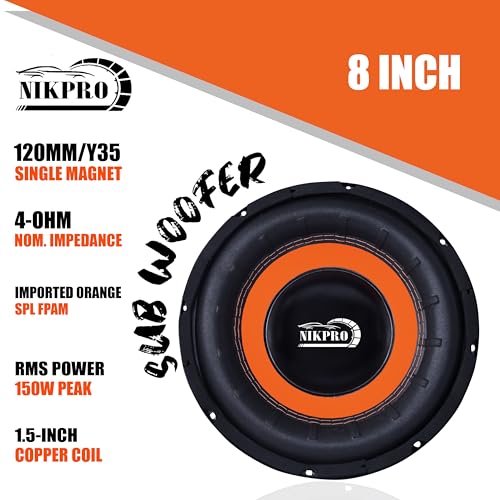 Image of NIKPRO 8-Inch Car Subwoofer Speaker | 800W Peak Power, 150W RMS | 4 Ohm | 4-Layer Copper Voice Coil | Deep Bass for Car, Home & Theater | Black & Orange