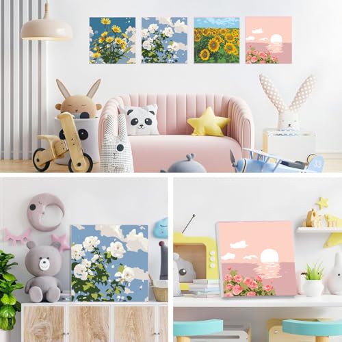 Image of HASTHIP 4PCS DIY Oil Painting Kit by Numbers with Frames, Wall Art for Adults & Kids, 7.8x7.8 Inch Canvas, Painting Tools, Vibrant Home Decor, Craft Kit Gift Set
