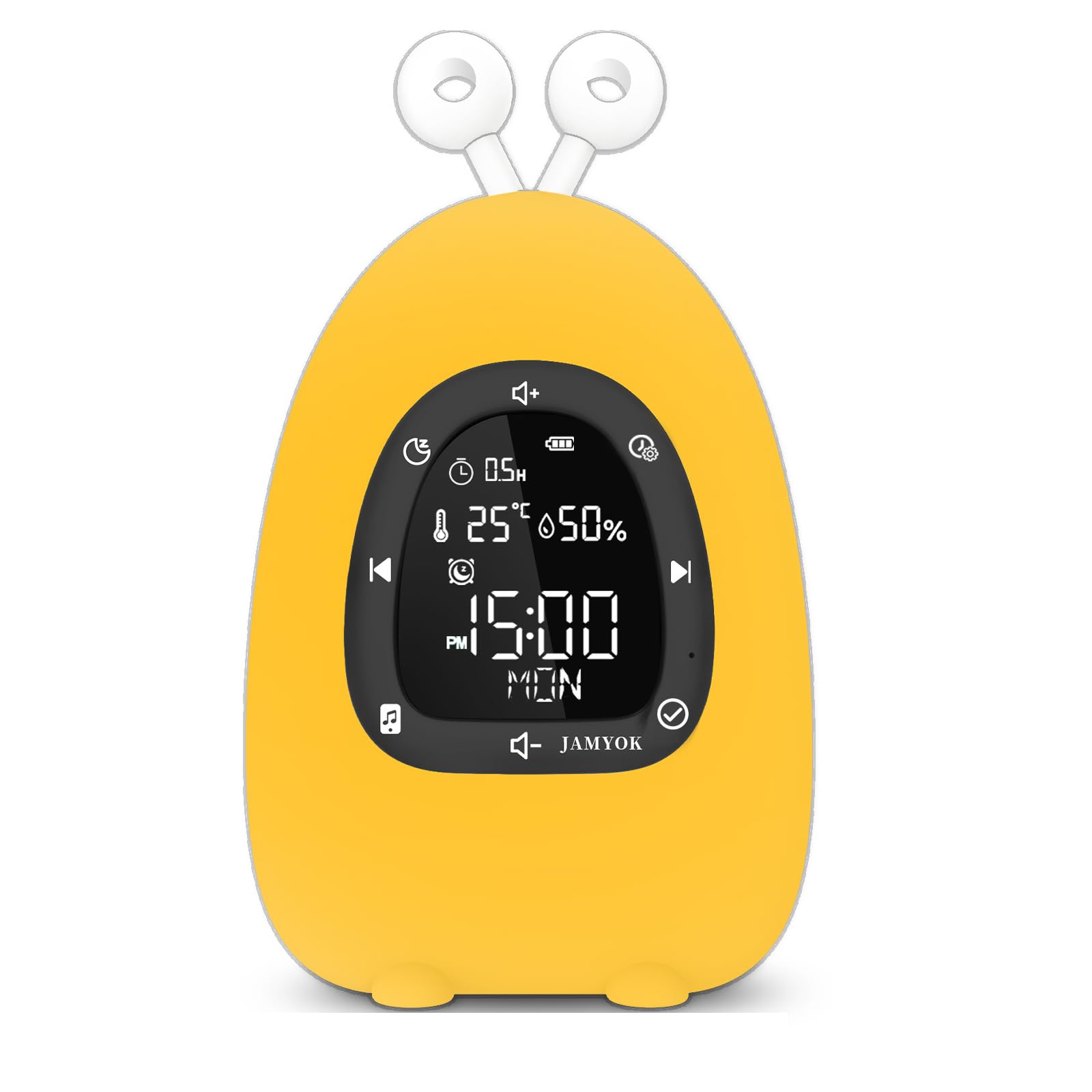 JAMYOK Sunrise Alarm Clock Wake Up Light, White Noise Sound Machine with 20 Soothing Sounds, 10 Night Lights, Wireless Speaker/Temp & Humidity/Rechargeable, Dimmable Clock Gift for Baby Kids Adults