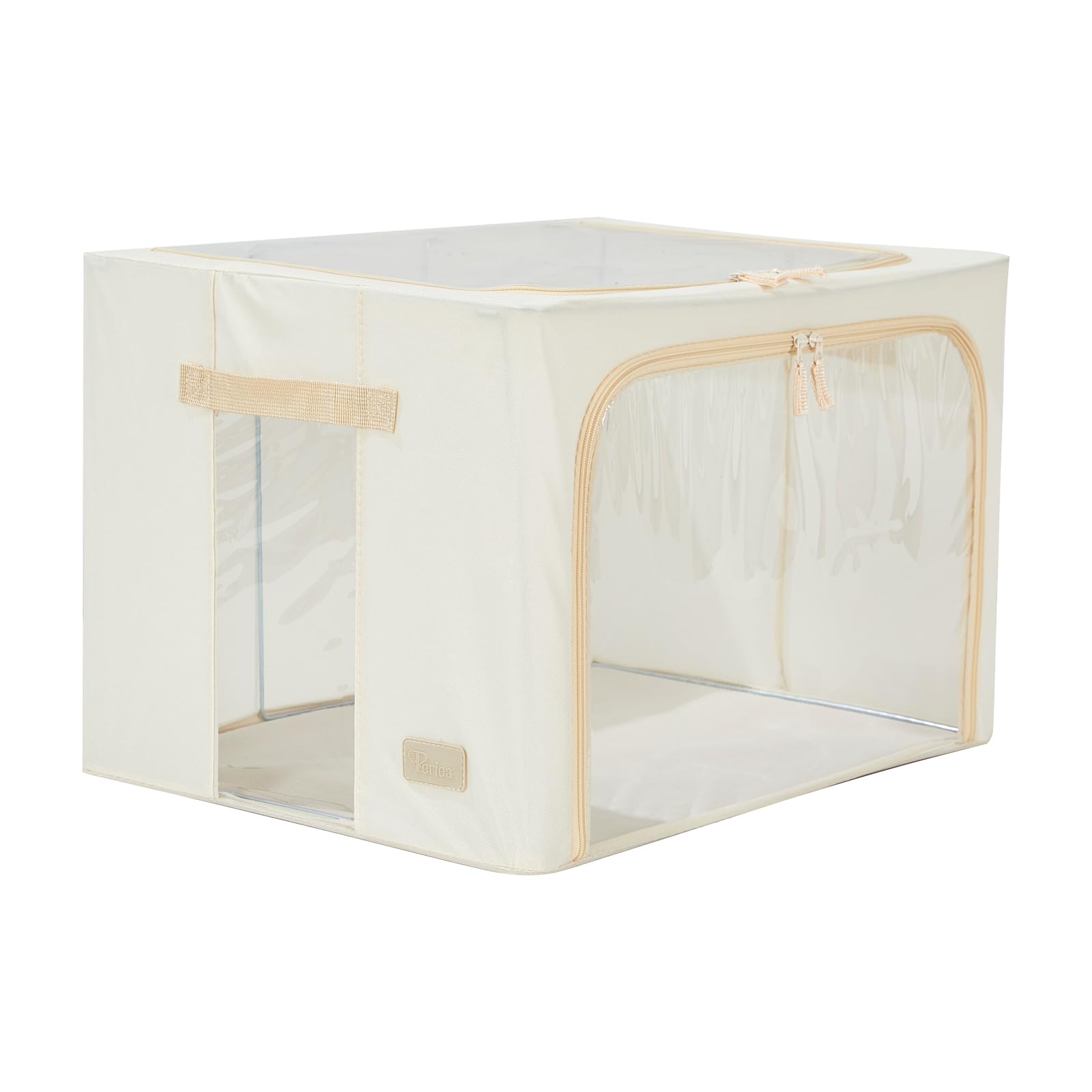 Periea Tan ‘Beau’ Folding Collapsible Stackable Fabric Home Storage Boxes With Steel Frames (, Large)