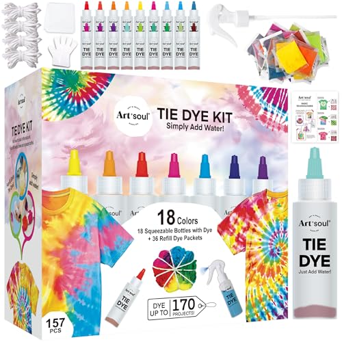 Art+soul 18 Colors Tie Dye Kit with Bonus Tie Dye Powder Refiils Packs,DIY Fabric Dyeing Kit Includes Rubber Bands, Gloves, Guide Book Perfect for Arts &...
