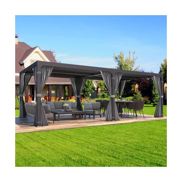 MELLCOM 10' × 20' Louvered Pergola with Adjustable Aluminum Rainproof Roof, Outdoor Hardtop Gazebo for Patio, Lawn & Garden, Curtains and Netting Included, Dark Gray