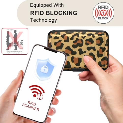 Image of ELFISH Mini RFID Aluminum Wallet Credit Cards Holder Business Card Case Metal ID Case for Men Women, Leopard, 4.33 x 2.95 x 0.73 inches, Compact