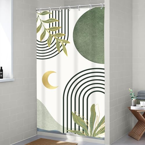 Image of Riyidecor Small Stall Sage Green Boho Shower Curtain RV Single Half Size Mid Century Abstract Modern Geometric Simple 36Wx72H Inch Arch Leaves Fabric Decor Bathroom Polyester Waterproof Hooks