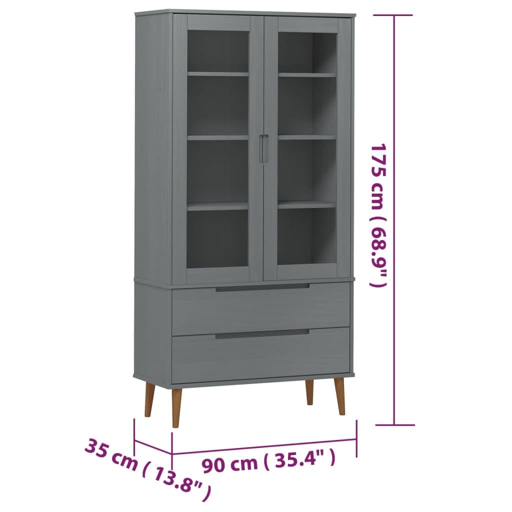 vidaXL Vitrinenschrank, Vitrine mit 2 Schubladen 4 Fächern, Bücherregal mit UV-Lackierung, Bücherschrank Schrank Büroschrank, Grau Massivholz Kiefer