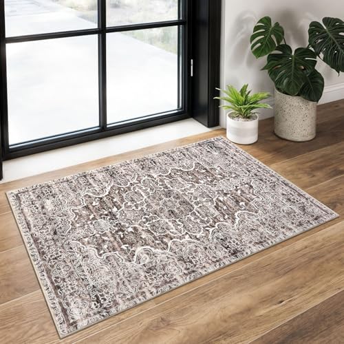 KUTA Vintage Floral Rugs 2x3 Washable Entryway Small Area Rug Non-Slip Ultra Soft Brown Doormat Indoor Printed Retro Distressed Accent Kitchen Throw for Entrance Bedroom