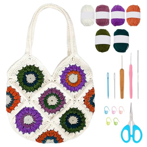 WEBEEDY Conjunto de sacola de crochê quadrada DIY para iniciantes, conjunto completo de crochê para fazer uma bolsa, inclui instruções passo a passo para mulheres, Natal, férias, artesanal, verão