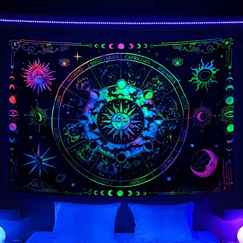 VEIGIKE Zodiac Astrology Blacklight Tapestry UV Reactive, Constellation Sun and Moon Stars Black Light Art Poster for Men Room Bedroom Decor, Psychedelic Glow in the Dark Blanket Party Decor 80