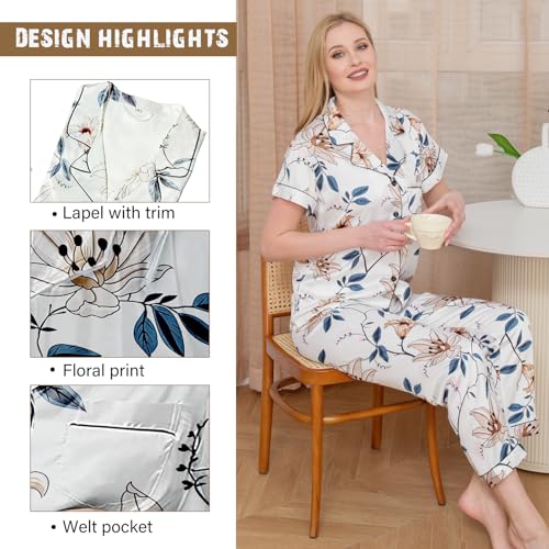 Womens Pajamas Set XS-3XL Floral Silk Satin Pajama Sets Silky Pj Sets 2Pcs Loungewear Sleepwear Button Down Pjs4