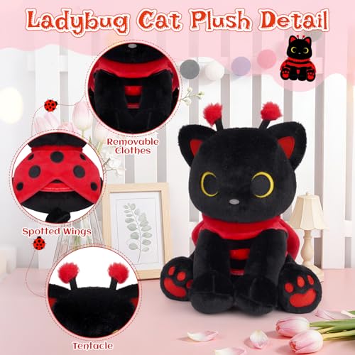 Image of Black Cat Plush with Removable Ladybug Costume, 8inch Cute Ladybug Gifts | Big Eyes Cute Soft Huggable Toy for Boys Girls,Toddlers Insect-Themed Room Decor Birthday Gifts