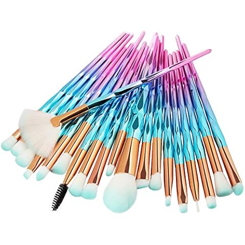 MIPPER 20 pcs Eye Makeup Brushes Set Powder Eye Shadow Eyeliner Eyebrow Concealer Blending Brushes Diamond Handle & Soft Hair (blue+pink) Cover