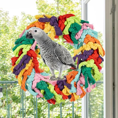 Image of Parrot Swing for Large Birds - Colorful Cotton Rope Hanging Ring Toy for African Grey, Cockatoo, Conure, and Parakeet | Chewing, Exercise, Climbing, and Snuggling (Parrot Swing)