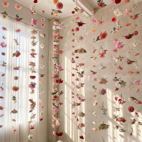 Suncalla 6 Pcs 35.46 ft Floating Flower Garlands Backdrop Garden Party Decoration Artificial Wildflower Vines Boho Fake Flower Vines Faux Silk for Wedding Bridal Birthday Wall Arch(Classic Pink)