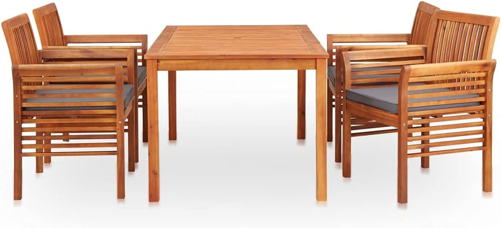 vidaXL Solid Acacia Wood 7 Piece Patio Dining Set with Dark Gray Cushions Garden Terrace Dinner Table Chairs Backyard Courtyard Porch Poolside Home