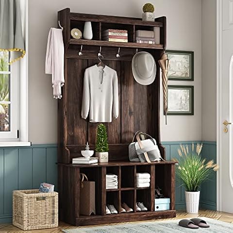 VilroCaz Wood Entryway Coat Hanger Hall Tree with 6 Hooks, 3-in-1 Entryway Coat Rack with Open Storage Shelves and Shoe Bench for Entrance Hallway (Tiger-4) Cover