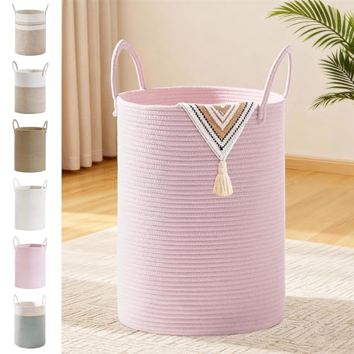 Image of 58L Tall Cotton Rope Laundry Basket with Handles, Pink