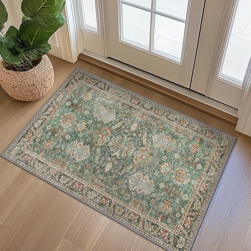 Bavni Entryway Rug, 2x3 Washable Rug Ultra-Thin Low Pile, Non-Slip Small Rugs Indoor for Front Door Entrance Bathroom, Vintage Print Carpet Soft Stain Resistance, Sage/Gold