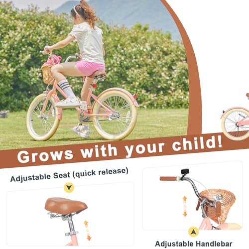 Image of Glerc Little Molly 12-20 Inch Kids Retro Cruiser Bike for 2-13 Year Old with Wicker Basket & Training Wheels /Kickstand, Multiple Colors