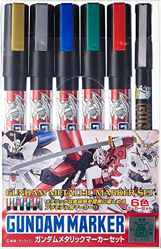 MR.HOBBY GMS121 Gundam Metallic Marker Set Paint Type Felt Tip Pens for Painting Gunpla 5 Colours & GM20 Brush Type Black Set of 6 Chisel