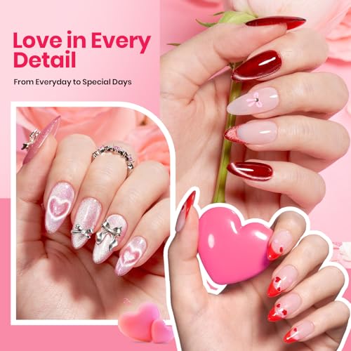 Image of Beetles 30 Pcs Gel Nail Polish Kit with U V Light - 6 Colors Red Cat Eye Gel Polish Set Pink Jelly Glitter Sweet Date Collection with Heart Magnet Manicure DIY Salon Gifts for Mom Women