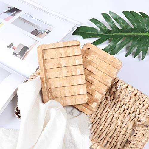 Fiewmay 2 pcs Bamboo Soap Dishes for Bathroom/Shower, Natural Wood Big Bar Soap Holder with Self Draining Tray, Natural Waterfall Drain Soap Saver