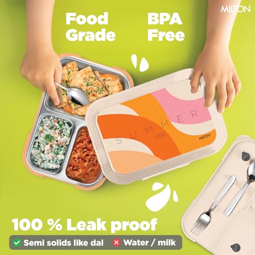Image of MILTON Bravo 3 Inner Stainless Steel Tiffin Box for School, 3 Partition, Steam Release Plug | PU Insulated, Leak-Proof, Food Grade I Lunch Box for Kids Boys, Girls with Snap Lock Lid, 600 ml, Orange