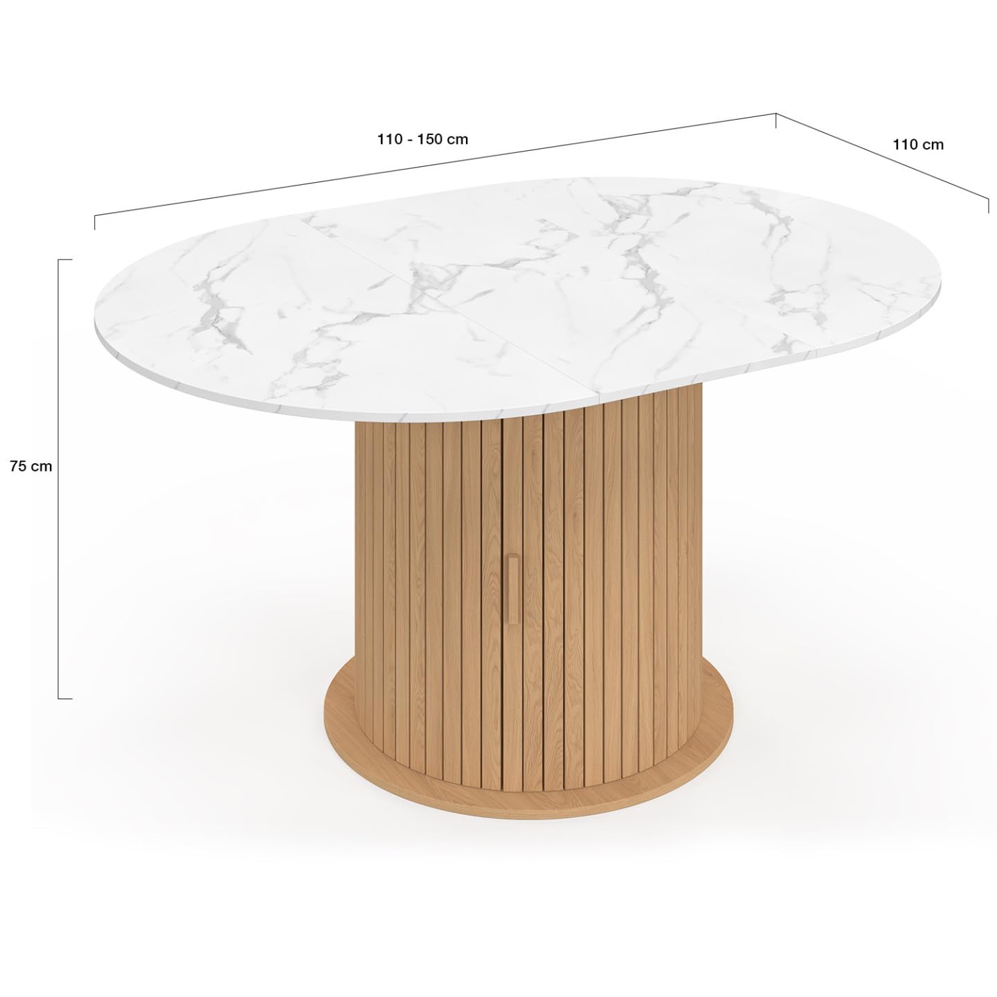 IDMarket - Table à Manger Extensible Ronde Juliette 4-8 Personnes Pied Lattes avec Rangement et Plateau Effet marbre Blanc 110-150 cm