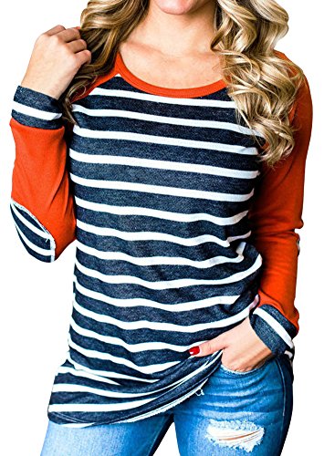 XCHQRTI Women Striped Elbow Patch Baseball Long Sleeves tee T-Shirt Blouse (Orange, XL)