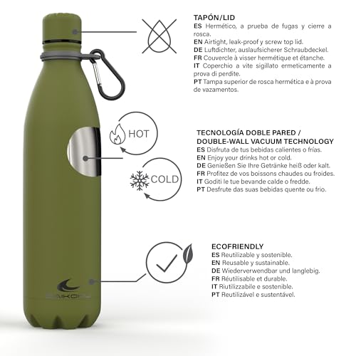 Daikoku - Edelstahl Wasserflasche | 100% Auslaufsicher | Hält 12 Stunden Heiß, 24 Stunden Kalt | BPA-Frei und Gesund | Modische Farbe, Ideal für Alltag und Outdoor | Militärgrün | 750 ML