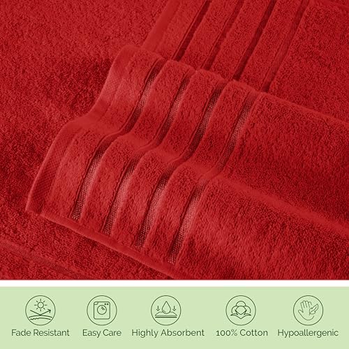 Image of Elegant Comfort 100% Turkish Cotton 4 Lines Viscose Stripe Luxury 4 Pack Hand Towel Set - Ultra Absorbent and Soft 16 x 28 Inch Premium Hotel Spa Quality Towels for Everyday Bath Use, Red