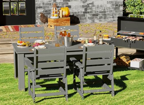 Image of GREENVINES Outdoor Dining Table | 67'' | HDPE | Rectangle Tables for 6 | All-Weather | Umbrella Hole | Patio Furniture | for Poolside Backyard Garden | Grey