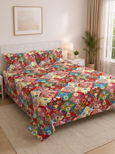 Image of Mafatlal 130 GSM Pearl Double Bed Linen Set with 2 Pillow Covers | 90 x 100 Inch | Soft Touch Finish | Lightweight Construction, Durable Fabric, Stylish Bedroom Upgrade, Machine Washable | Red Multi