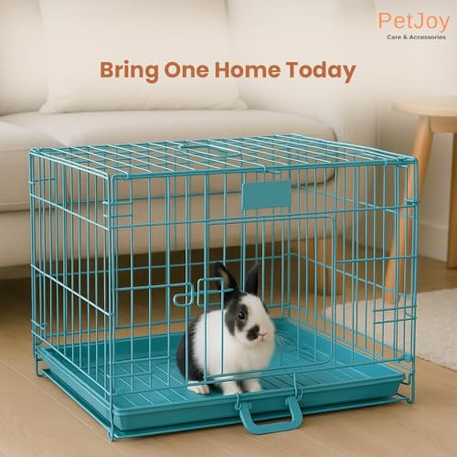 Image of PETJOY Foldable Metal Dog Cage | 24 Inch Dog Crate Kennel for Puppies, Medium Dogs, Cats & Rabbits | Double Door with Secure Lock, Removable Leak-Proof Tray | Portable & Easy to Clean Pet Cage (Blue)