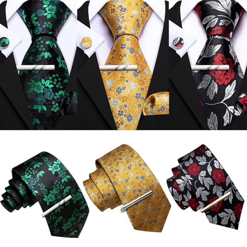 Image of Barry.Wang 6 PCS Men Ties Set Silk Business Fashion Woven Necktie Handkerchief Cufflinks Paisley Stripe Wedding Party