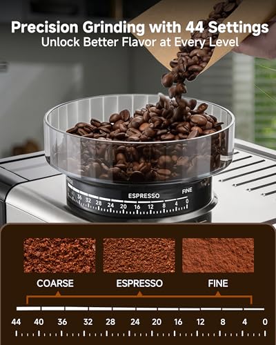 Image of Espresso Machine with Grinder, 20 Bar Stainless Steel Espresso Coffee Machine, 44 Grind Settings, 0.1s Precision Timer, PID Control, Milk Frother for Latte, Cappuccino, Americano & Cold Brew
