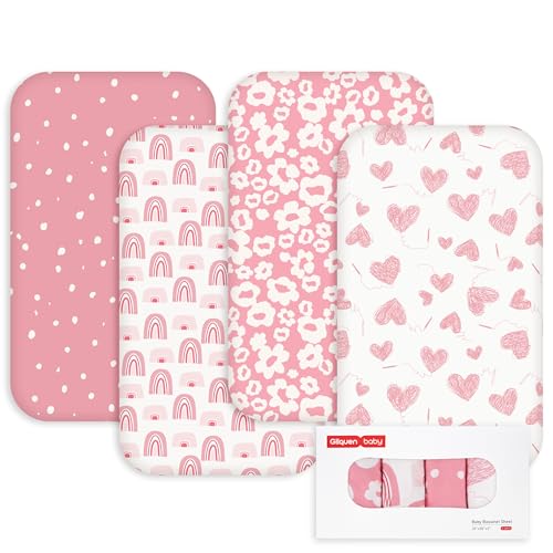 Image of Gllquen Baby Bedside Sleeper Bassinet Sheets 33x20 Inch 4 Pack Girl Boy | Soft OEKO-TEX Certified Bassinet Crib Sheet, Compatible with Baby Delight, Newton Rectangle Bassinet Mattress, Pink Love